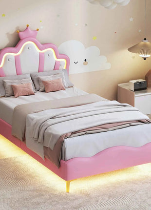Rosahqnda Children bed 90 × 140 × 200cm LED & Drawers Princesses bed Crowns bed Petal bed Single Double, PU Velvet