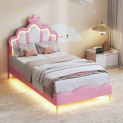 Rosahqnda Children bed 90 × 140 × 200cm LED & Drawers Princesses bed Crowns bed Petal bed Single Double, PU Velvet