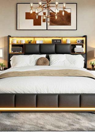 Bed 140x200, upholstered double bed with LED and USB, box spring bed, youth bed with storage headboard, hydraulic storage bed, backrest, bed frame with slatted base, black, PU, without mattress