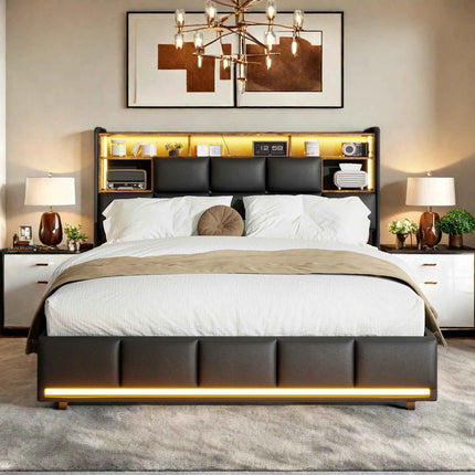 Bed 140x200, upholstered double bed with LED and USB, box spring bed, youth bed with storage headboard, hydraulic storage bed, backrest, bed frame with slatted base, black, PU, without mattress