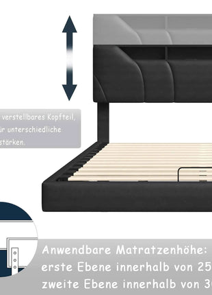 Superaly 140/160x200cm LED Upholstered Bed,PU Hydraulic Double Bed with Storage Space & Slatted Frame,Adjustable Headboard,Black