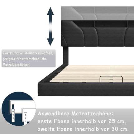 Superaly 140/160x200cm LED Upholstered Bed,PU Hydraulic Double Bed with Storage Space & Slatted Frame,Adjustable Headboard,Black