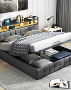 Rosahqnda cushion bed Padded Hydraulic bed frame Grey Pu Linen Headboard Linen Fabric Without Mattress