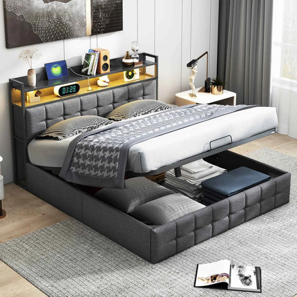 Rosahqnda cushion bed Padded Hydraulic bed frame Grey Pu Linen Headboard Linen Fabric Without Mattress