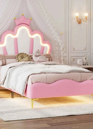 Rosahqnda Children bed 90 × 140 × 200cm LED & Drawers Princesses bed Crowns bed Petal bed Single Double, PU Velvet