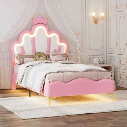 Rosahqnda Children bed 90 × 140 × 200cm LED & Drawers Princesses bed Crowns bed Petal bed Single Double, PU Velvet