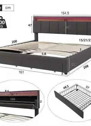 Upholstered bed 160x200 cm with storage, hydraulic storage bed, double bed with bed box, bed with 2 drawers, stowable headboard, youth bed, without mattress, linen, grey