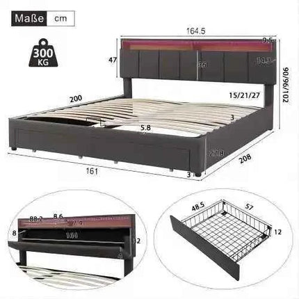 Upholstered bed 160x200 cm with storage, hydraulic storage bed, double bed with bed box, bed with 2 drawers, stowable headboard, youth bed, without mattress, linen, grey