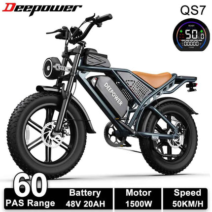 DEEPOWER 1500W Adult Electric Bike 48V 60AH Dual Battery Electric Bicycle 20-inch Fat Tire Outdoor Off-Road All-Terrain Ebike