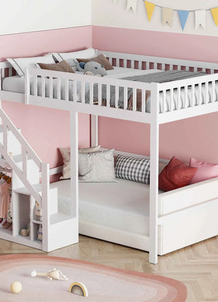 Children's bunk bed 140x200cm, loft bed with stairs and storage cabinet, multifunctional bed, double bed, bunk bed, play bed, children's loft bed, youth loft bed, without mattress, white