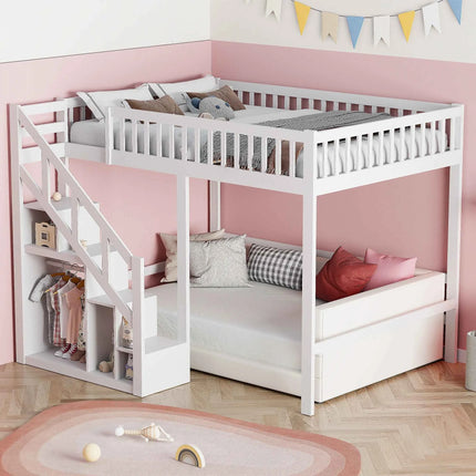 Children's bunk bed 140x200cm, loft bed with stairs and storage cabinet, multifunctional bed, double bed, bunk bed, play bed, children's loft bed, youth loft bed, without mattress, white