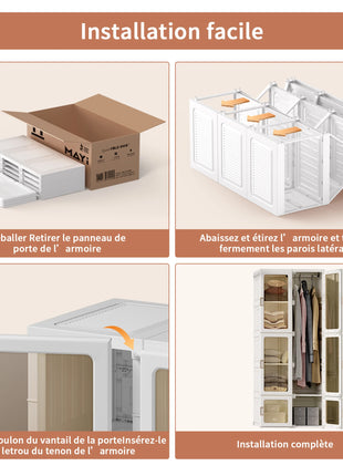 Mobile pieghevole multifunzione con asta appendiabiti, ripiani, ante magnetiche, armadio portatile, guardaroba, facile da montare, per soggiorno, camera da letto, bianco