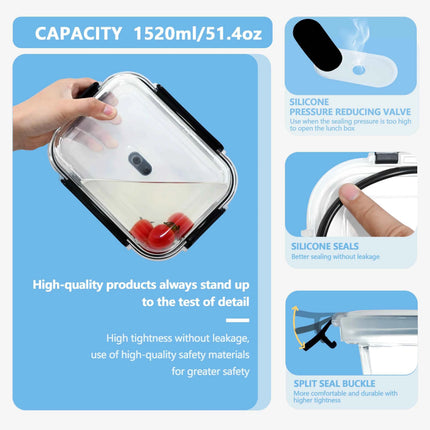 1520/640ml Glass Food Storage Containers, Set of Airtight Containers with Steam Release Valves, BPA-Free, Kitchen Storage Boxes