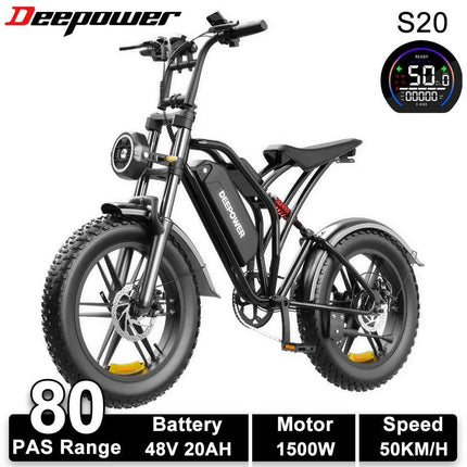 DEEPOWER S20 Electric Bicycle 1500W 48V 20Ah Off-Road Electric Bike LCD Display 20-inch Wide Tires 7-Speed All-Terrain Ebike