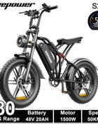 DEEPOWER S20 Electric Bicycle 1500W 48V 20Ah Off-Road Electric Bike LCD Display 20-inch Wide Tires 7-Speed All-Terrain Ebike