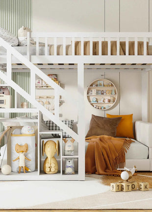 Children's bunk bed 140x200cm, loft bed with stairs and storage cabinet, multifunctional bed, double bed, bunk bed, play bed, children's loft bed, youth loft bed, without mattress, white