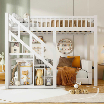 Children's bunk bed 140x200cm, loft bed with stairs and storage cabinet, multifunctional bed, double bed, bunk bed, play bed, children's loft bed, youth loft bed, without mattress, white