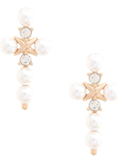 Pearl Bead Cross Dangle Earring