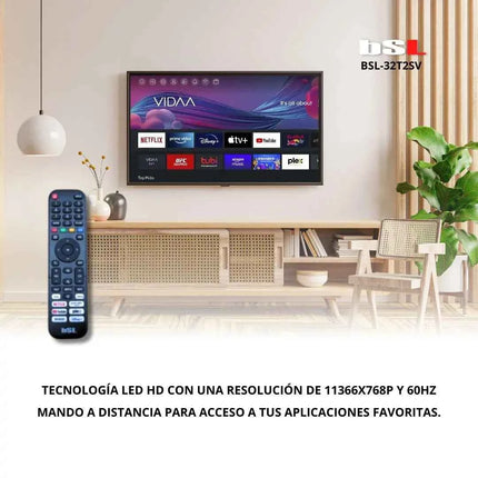 BSL-32T2SV VIDAA SMART TV 32 Inches | 720P HD, WiFi, RJ45, 3 HDMI Ports, 2 USB, Digital Tuner | Access YouTube, Netflix, Disney+ | Total Connectivity and Multimedia Playback