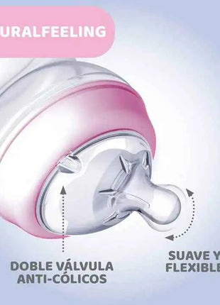 Chicco NaturalFeeling Baby Bottle 150ml (0m+) with normal flow, made of soft silicone, featuring an anti-colic double valve for reduced air intake, ideal for alternating between breast and bottle feeding.