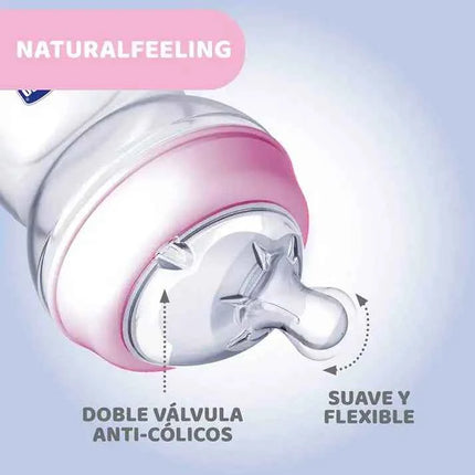 Chicco NaturalFeeling Baby Bottle 150ml (0m+) with normal flow, made of soft silicone, featuring an anti-colic double valve for reduced air intake, ideal for alternating between breast and bottle feeding.