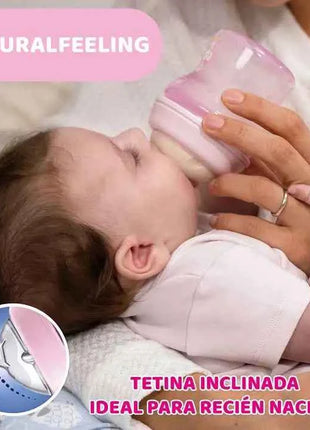 Chicco NaturalFeeling Baby Bottle 150ml (0m+) with normal flow, made of soft silicone, featuring an anti-colic double valve for reduced air intake, ideal for alternating between breast and bottle feeding.