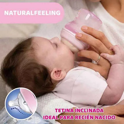Chicco NaturalFeeling Baby Bottle 150ml (0m+) with normal flow, made of soft silicone, featuring an anti-colic double valve for reduced air intake, ideal for alternating between breast and bottle feeding.