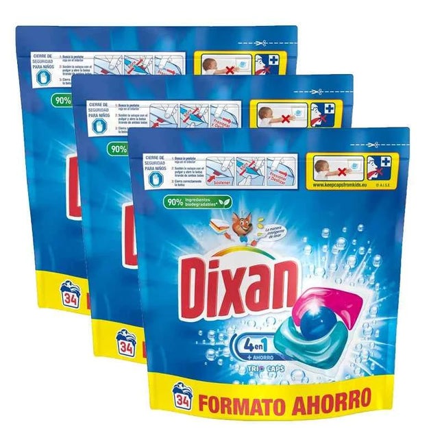 Dixan trio caps 4 in 1 total (34/68/102/136 washes) - detergent capsules for washing machines, soap for white and colored clothes, deep cleaning, radiant shine and lasting freshness