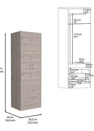 Armadio Lisbon in melaminico con 2 ante, 1 ripiano, 1 binario per appendere i vestiti e 2 cassetti con binari metallici, grigio, 179 cm x 59,2 cm x 48 cm