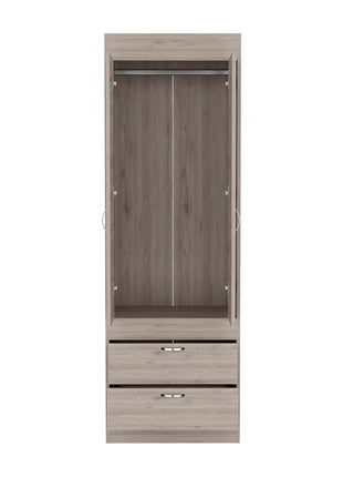 Armadio Lisbon in melaminico con 2 ante, 1 ripiano, 1 binario per appendere i vestiti e 2 cassetti con binari metallici, grigio, 179 cm x 59,2 cm x 48 cm