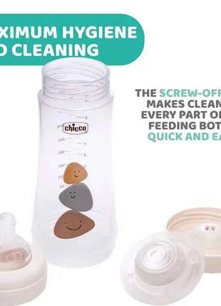 Chicco Perfect5 Baby Bottle 300ml 4M+ with fast flow, designed to adapt to the unique sucking rhythm of each baby, featuring a hygienic, extra soft silicone nipple for optimal grip and comfort.