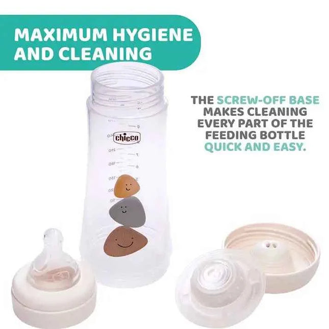 Chicco Perfect5 Baby Bottle 300ml 4M+ with fast flow, designed to adapt to the unique sucking rhythm of each baby, featuring a hygienic, extra soft silicone nipple for optimal grip and comfort.