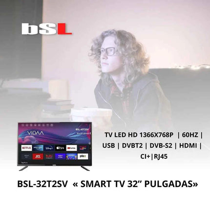 BSL-32T2SV VIDAA SMART TV 32 Inches | 720P HD, WiFi, RJ45, 3 HDMI Ports, 2 USB, Digital Tuner | Access YouTube, Netflix, Disney+ | Total Connectivity and Multimedia Playback