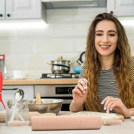 Wooden pastry rolling pin 46 cm – kitchen rolling pin with ergonomic handles and rotating central shaft, ideal for kneading pizza dough, cookies, tarts, pastries and bread – natural beech