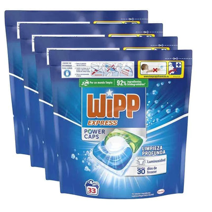 Pack of 3 or 4 packs (99 washes or 132 washes) of wipp express power caps detergent in washing machine, 33 doses, deep cleaning, effective in cold water