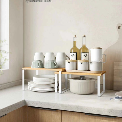 SONGMICS Spice Rack Set of 2, Extendable Kitchen Organizer, Adjustable Metal and Engineered Wood Shelves in Cloud White and Natural Beige, supports up to 15kg for spices and utensils, easy to assemble with illustrated instruc