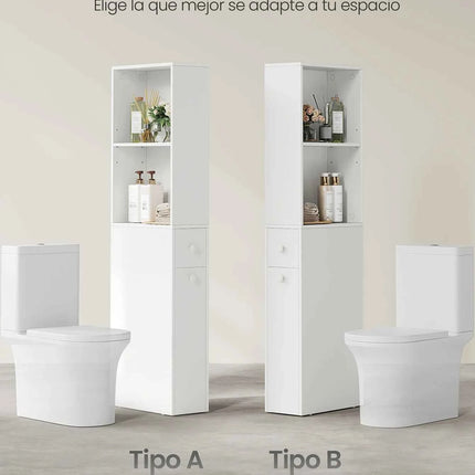 VASAGLE Tall Bathroom Cabinet, a space-saving storage solution with a classic white MDF design, featuring adjustable shelves and drawers, perfect for small spaces.