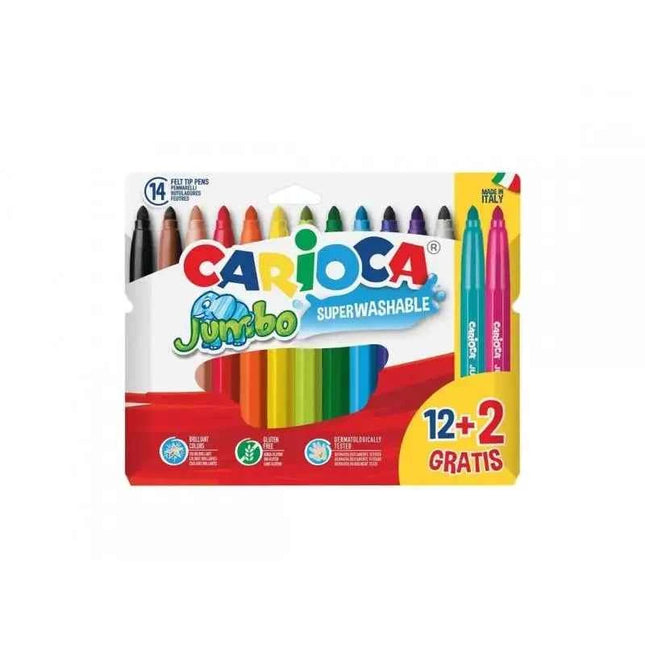 Carioca jumbo pack of 12 washable markers + 2 free - 6mm tip, octagonal body, assorted colors - perfect for school supplies and art projects.