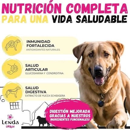 Lenda Urban Farm 15kg Natural Dog Food for Medium/Maxi Dogs with 36.5% Chicken, Pork, and Beef, enriched with Glucosamine and Chondroitin for joint health, promotes immune support with natural ingredients.