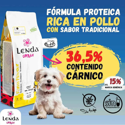 Lenda Urban Farm Chicken - Natural Dog Food for Mini-Medium Breeds, high protein content 36.5%, suitable for adult dogs, supports bone health with meat-based ingredients like chicken, pork, and beef.