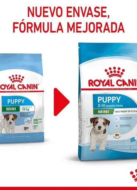 Royal Canin Mini Puppy 8KG dog food for small breed puppies up to 10 kg, with balanced nutrition, high energy for growth, and enriched with vitamins C and E for immune support and digestive health.