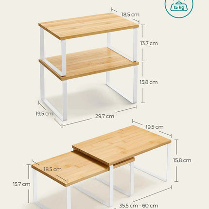 SONGMICS Spice Rack Set of 2, Extendable Kitchen Organizer, Adjustable Metal and Engineered Wood Shelves in Cloud White and Natural Beige, supports up to 15kg for spices and utensils, easy to assemble with illustrated instruc
