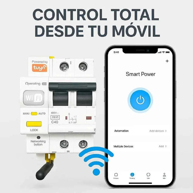 Atmoss WiFi Circuit Breaker, 2P 6kA - Smart remote control switch, rearms automatically, compatible with Tuya Smart app for easy home automation and safety in residential or professional settings.