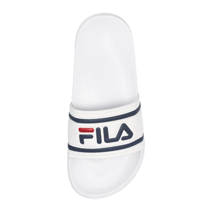 FILA | Infradito unisex per adolescenti, Morro Bay Slipper, 100% poliuretano, materiale sintetico, suola sintetica leggera e resistente, bianco e blu scuro, logo