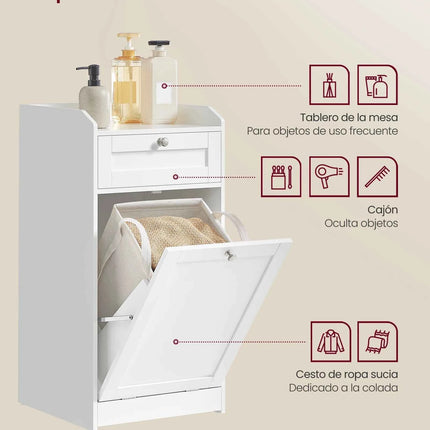Vasagle bathroom cabinet with dirty clothes basket, bathroom furniture with 1 drawer and 1 dirty clothes basket, removable inner bag with handles, 40 x 40 x 80.2 cm, cloud white