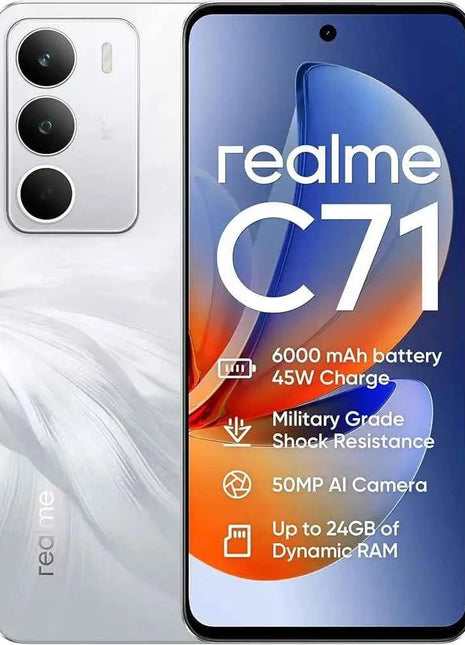 REALME C71 8GB/256GB smartphone with 6.67" HD+ display, 120 Hz refresh rate, 50 MP AI camera, 6300 mAh battery, and 45W SuperVOOC charging, running Android 15, perfect for multimedia and daily use.