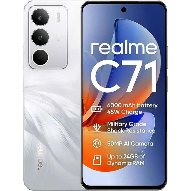 REALME C71 8GB/256GB smartphone with 6.67" HD+ display, 120 Hz refresh rate, 50 MP AI camera, 6300 mAh battery, and 45W SuperVOOC charging, running Android 15, perfect for multimedia and daily use.