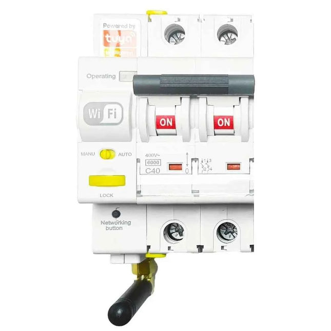 Atmoss WiFi Circuit Breaker, 2P 6kA - Smart remote control switch, rearms automatically, compatible with Tuya Smart app for easy home automation and safety in residential or professional settings.