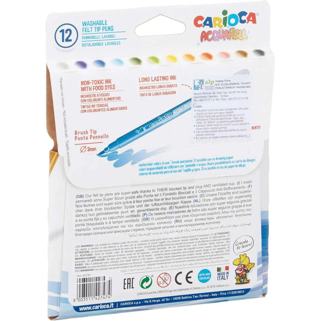 Carioca A53321012 - Set of 12 Washable Brush Tip Markers for Art, Multicolor, made in Italy, ideal for painting on paper, perfect for school supplies and creative projects.