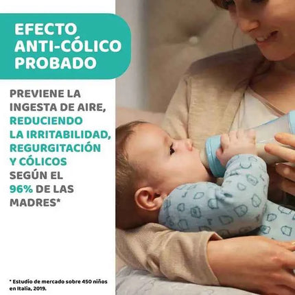 Chicco Perfect5 Baby Bottle 300ml 4M+ with fast flow, designed to adapt to the unique sucking rhythm of each baby, featuring a hygienic, extra soft silicone nipple for optimal grip and comfort.